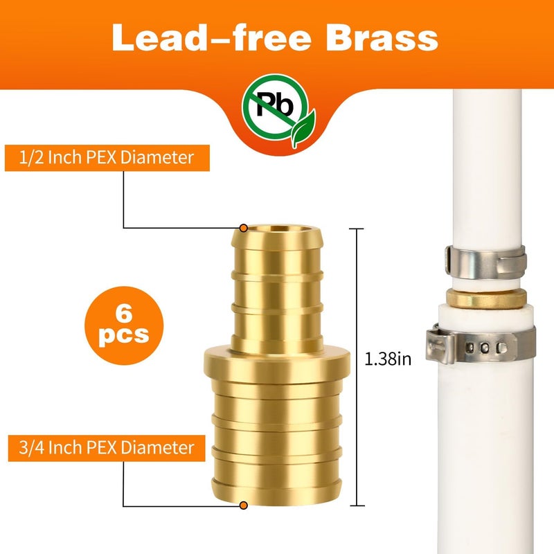 PXZBLG 6 Pack PEX 3/4" × 1/2" straight Coupling Fittings, Brass Crimp for PEX Pipe in Plumbing Jobs - Image 2